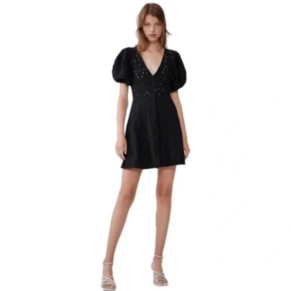 Zara Black Eyelet Lace Button Front V Neck Puff Sleeve Mini Dress - Picture 9 of 9